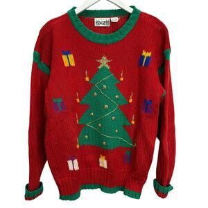 Vintage Design Zone Ugly Christmas Sweater Size L Red Green Tree Embellished